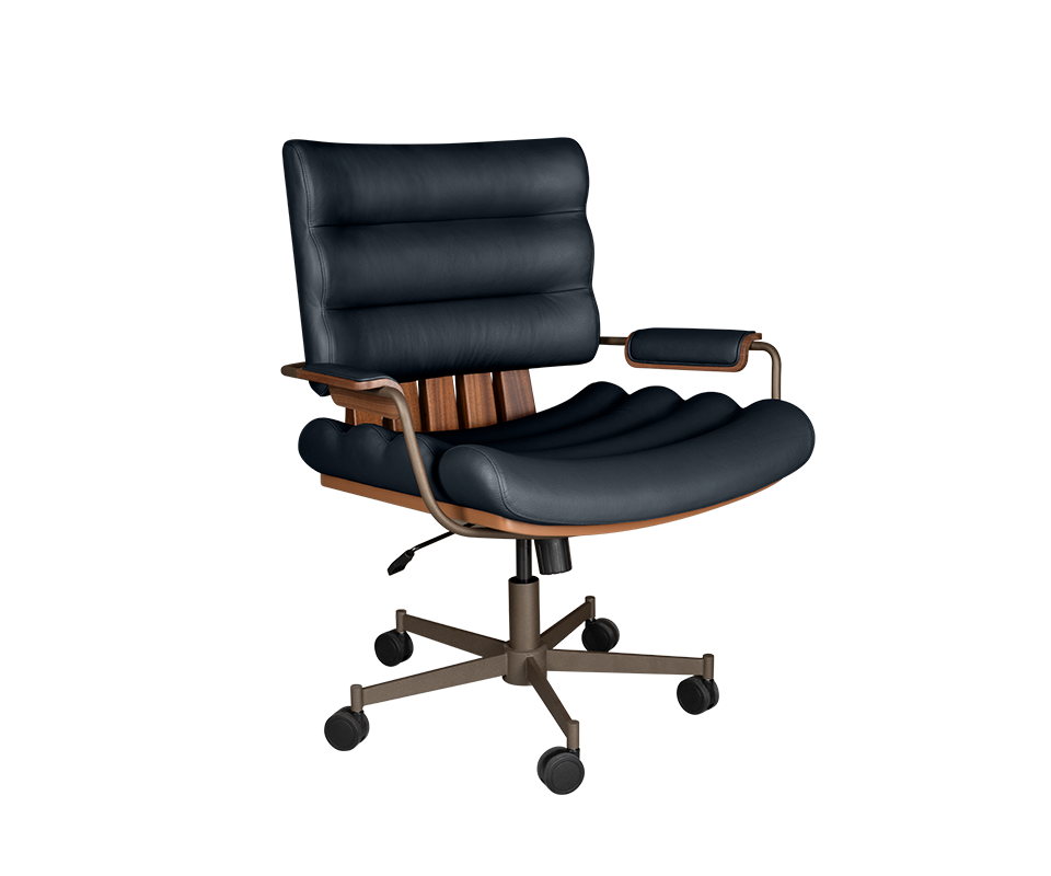 Thomas I Office Chair Thomas I office chair in marine blue genuine leather, paired with smoked walnut wood, powder-coated stainless steel, and lacquered wood.
