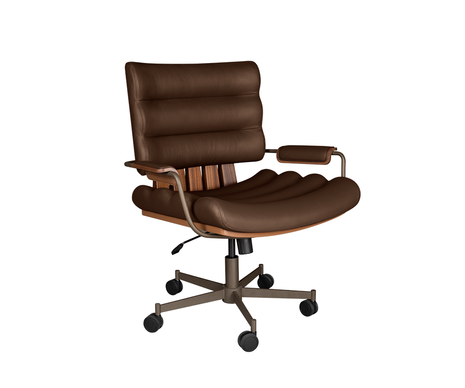 Thomas I Office Chair Thomas I office chair in brown genuine leather, paired with smoked walnut wood, powder-coated stainless steel, and lacquered wood.