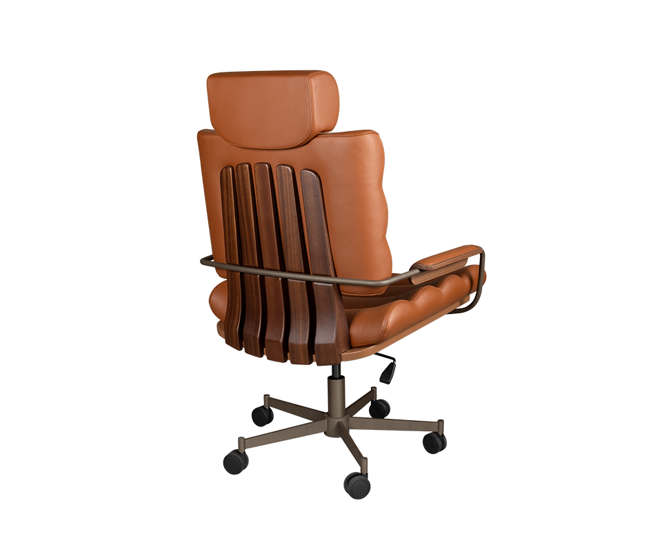 Thomas II Office Chair 45º back view of the Thomas II office chair, highlighting the sculpted smoked walnut wood back, powder-coated stainless steel structure, and rich orange genuine leather upholstery.