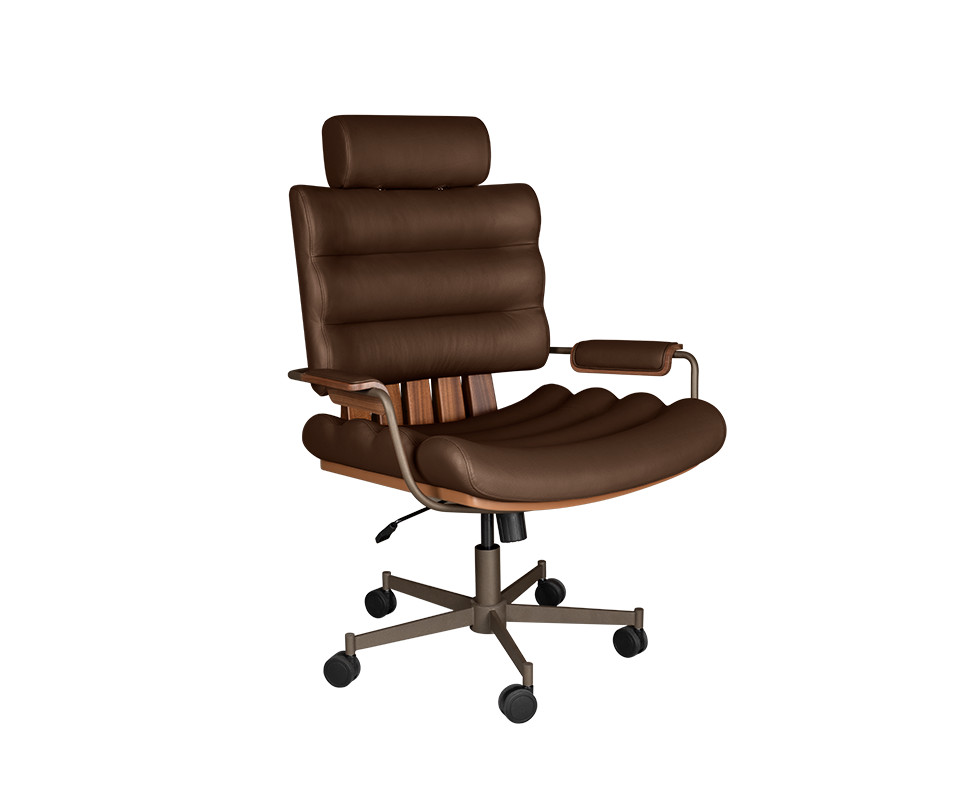 Thomas II Office Chair Thomas II office chair in brown genuine leather, paired with smoked walnut wood, powder-coated stainless steel, and lacquered wood.