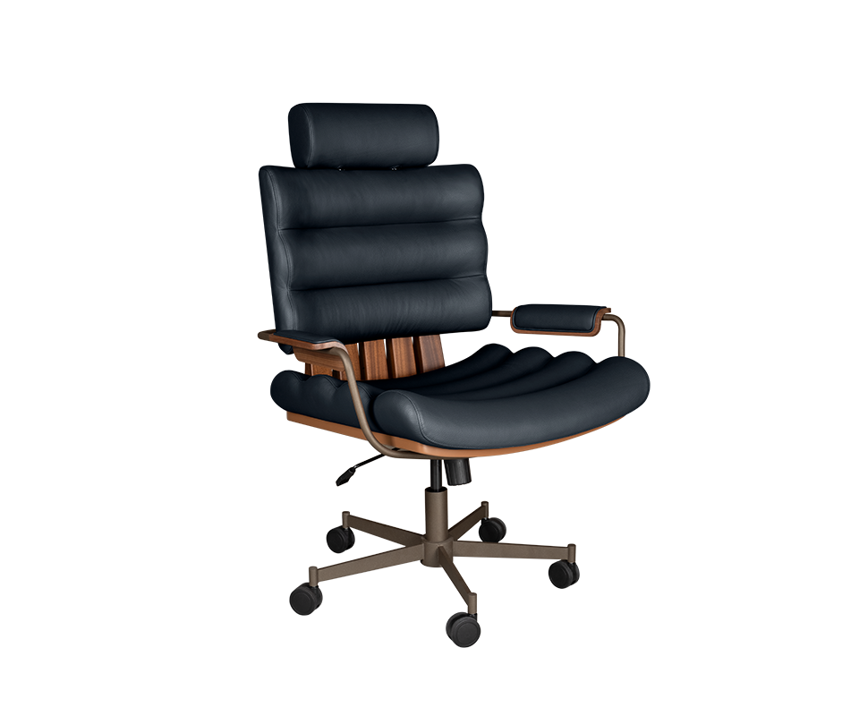 Thomas II Office Chair Thomas II office chair in marine blue genuine leather, paired with smoked walnut wood, powder-coated stainless steel, and lacquered wood.