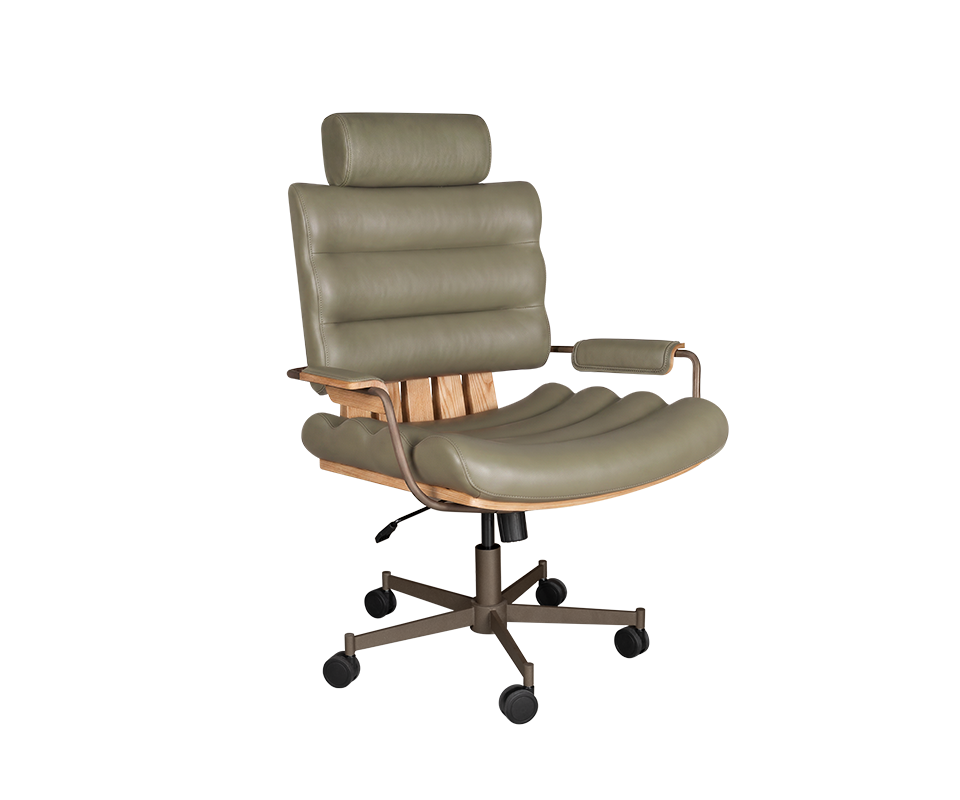 Thomas II Office Chair Thomas II office chair in green genuine leather, paired with smoked walnut wood, powder-coated stainless steel, and lacquered wood.