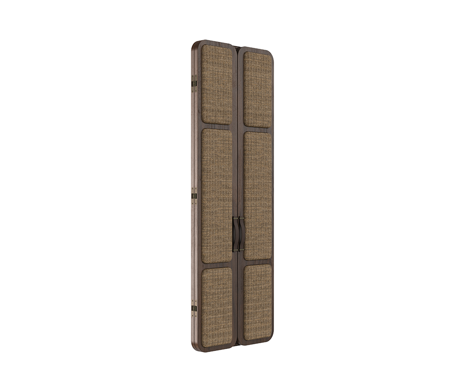 Three-quarter view of the Tom folding mirror, highlighting the interplay of smoked walnut wood and textured linen panels.