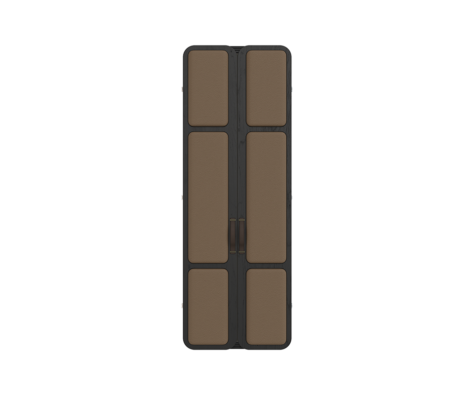 Tom folding mirror with its doors closed, showcasing upholstered panels in leather and black stained ashwood.