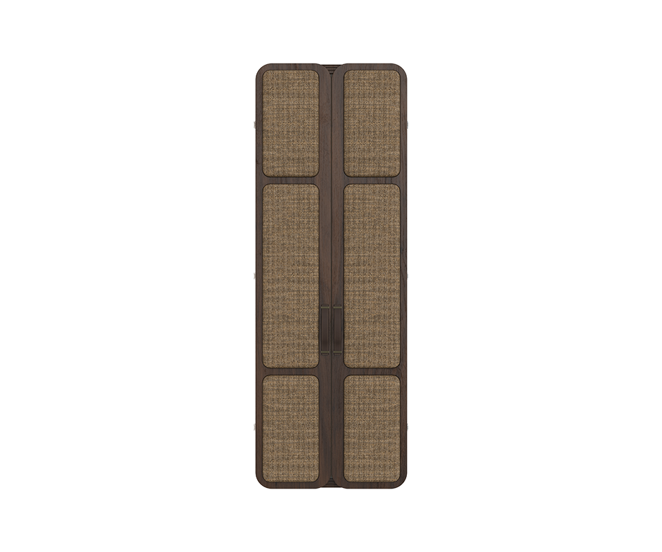 Tom folding mirror with its doors closed, showcasing upholstered panels in linen and smoked walnut wood.