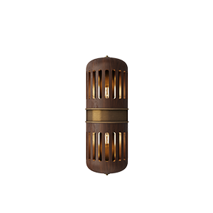 Front view of the Turing wall lamp with the light turned on, meticulously handcrafted in walnut wood with multiple slots and brushed brass details.