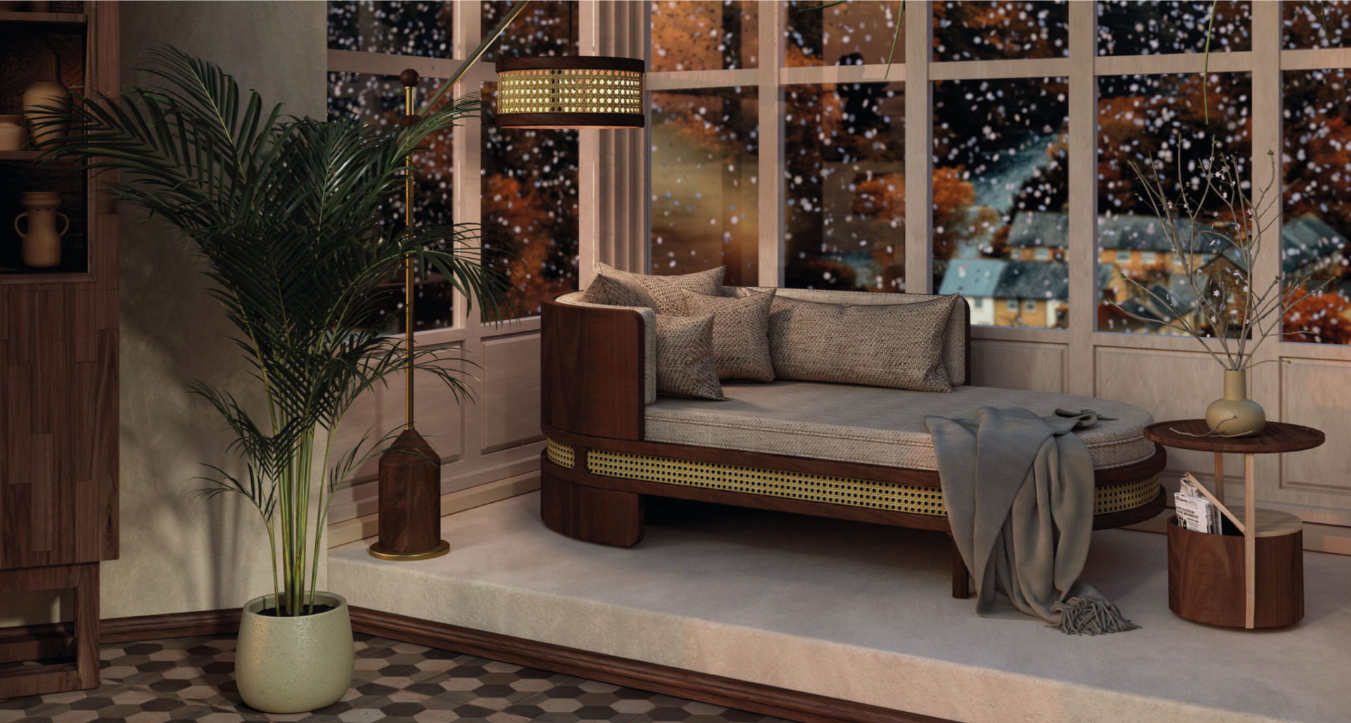 Winter Garden with Hamilton Floor Lamp, Brooks Chaise Longue and Burton side table