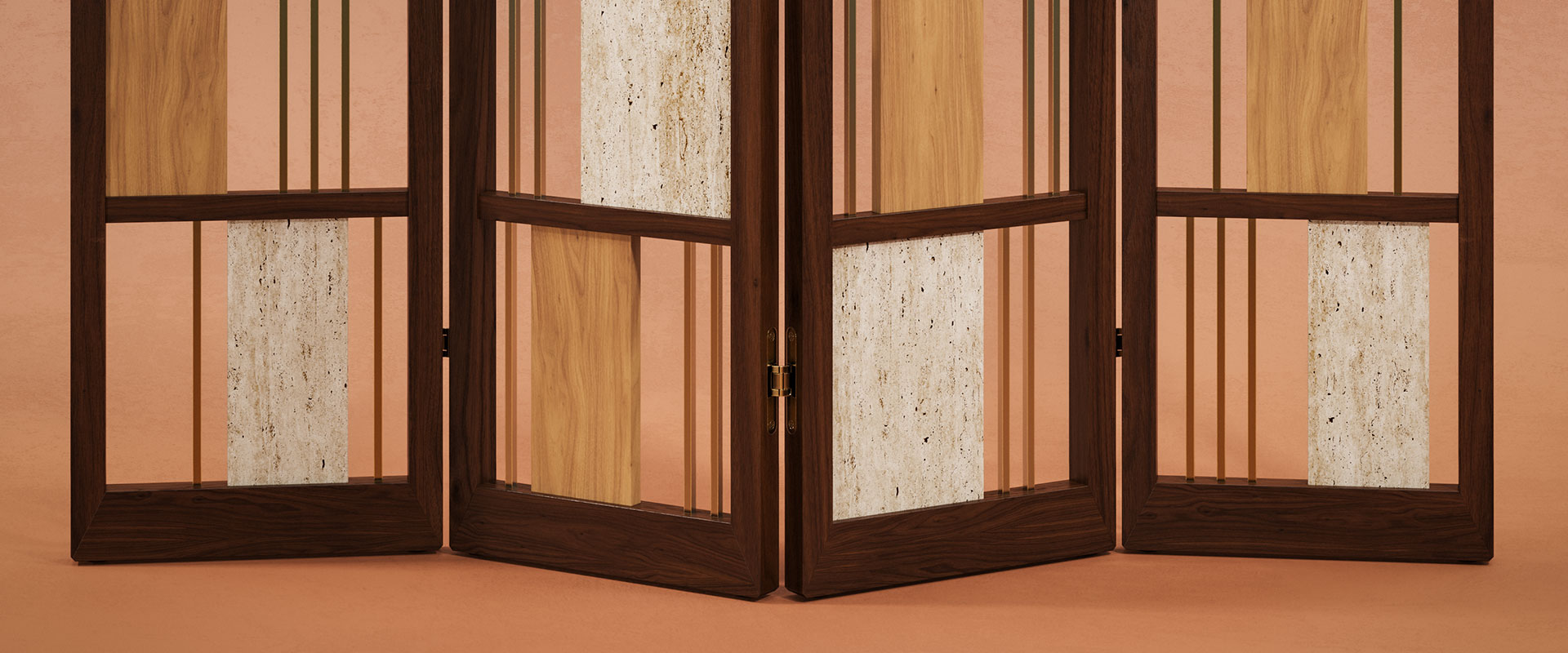 Wordsworth folding screen detail in smoked walnut wood, natural oak, travertine, and brass.